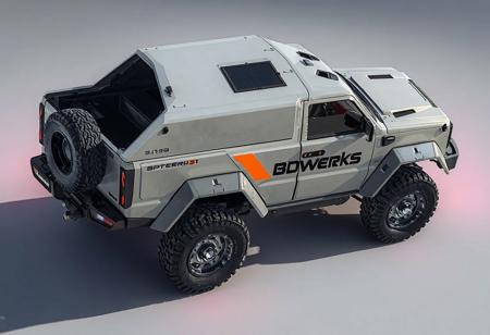 1 vehicle, 
cyberpunk pickup truck.  boxy shape.  Large cabin with big windows. offroad ready.
Logo label "BDwerks®" written on the side
View from above. 
"
