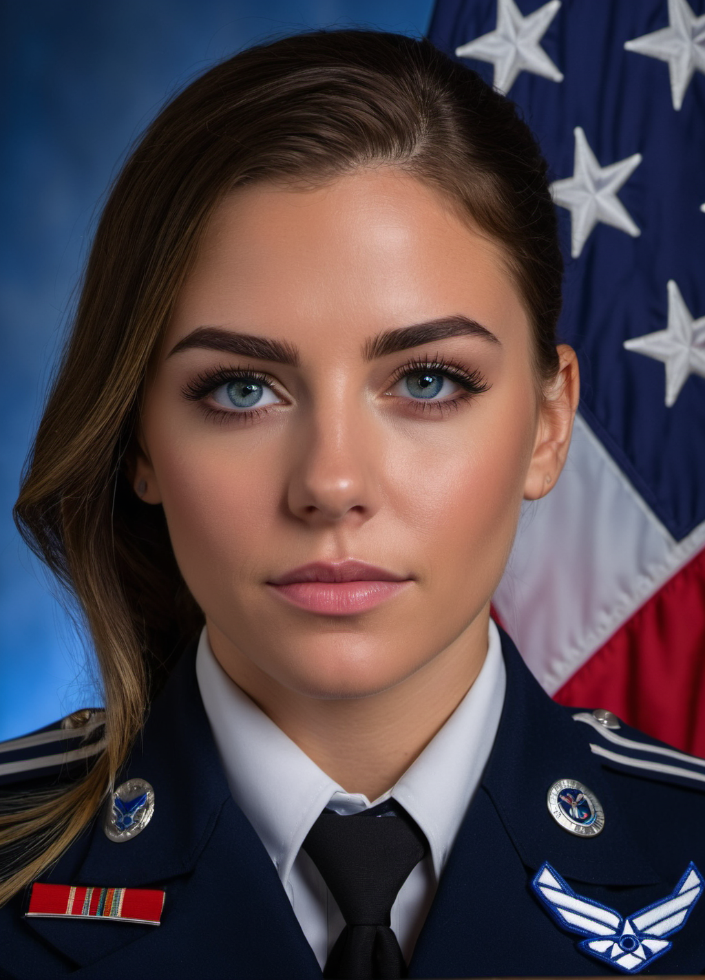 1girl, United States Air Force Dress Blues, cleavage, professional photo, perfect eyes, highly detailed beautiful expressive eyes, detailed eyes,  (8k, RAW photo, best quality, depth of field, ultra high res:1.2), intricate, photorealistic, masterpiece, ultra-detailed), crisp, vivid lighting