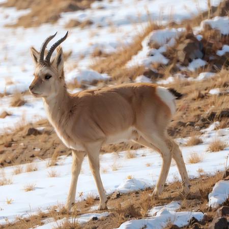 running, no humans, tibetan gazelle, horns, realistic, outdoors,  snow, rock,  grass,  <lora:tibetan_gazelle_v1:0.8>