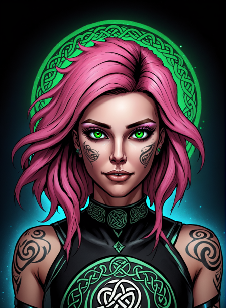 (masterpiece, best quality, ultra-detailed, best shadow), (detailed background, dark fantasy), (comic book art by Duskfall Portal Crew), (beautiful detailed face), high contrast, (best illumination, an extremely delicate and beautiful), ((cinematic light)), colorful, hyper detail, dramatic light, intricate details, (1girl, solo, pink hair, sharp face, green eyes, hair between eyes, dynamic angle), glitter, celtic symbols, tattoo, movie poster, swirling black light around the character, depth of field, bokeh, full body, LUT Like a movie, 4 point perspective, vantage point, full body, extremely detailed illustration by duskfall portal crew