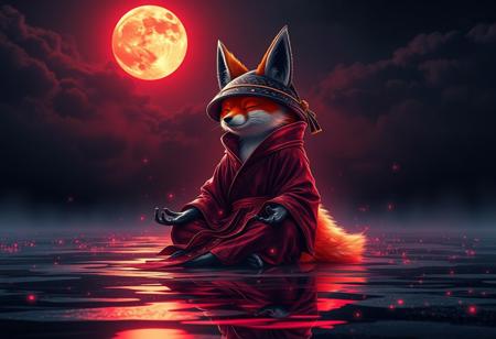 style by Petros Afshar,best quality,high resolution,realistic,8k,dynamic angle,serene,extremely detailed,absurdres particle effect,wonderful night dreamlike glowing masterpiece, celestial,detailed,realistic, clouds, Capturing serenity amidst boundless solitude: a powerful image of a fluffy ninja fox draped in flowing feudal garb, with its eyes closed, large sedge-hat, meditating in lotus position upon an endless, sunless expanse, JAPAN atmosphere, water reflection, insane glowing ,image concept art,phenomenal sakura blooming mesmerise,maximalist petal Bioluminescence majestic foliage detailed celestial,sightseeing,fantasy colorful-forestside ultrarealistic fairy,mossy, skytop realistic garden, huge detailed, red moon, big moon, Cyborg Samurai