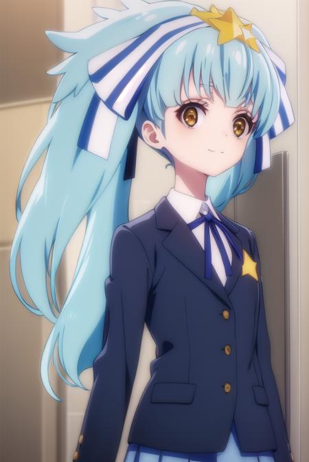 lily hoshikawa, hair ornament, ribbon, twintails, (brown eyes:1.5), blue hair, hair ribbon, star \(symbol\), aqua hair, star hair ornament, skirt, school uniform, blazer, black blazer, shirt, white shirt, collared shirt, long sleeves, white skirt,