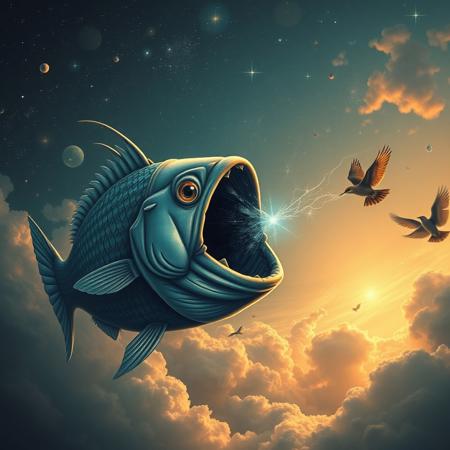 score_9, score_8_up, score_7_up, a cosmic fish with a black hole in its mouth hunting a bird flying in the sky