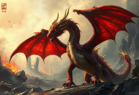 "Create a stunning, detailed image of a Black Rose Dragon, standing proudly against a backdrop of blasted ruins. The dragon, primarily red with gold accents, has spread wings, a fierce yet elegant appearance, and is adorned with intricate, lifelike details. Utilize 4K resolution, exceptional quality, and vivid, harmonious colors to emphasize the dynamic action pose and captivating lighting. Include design elements such as sharp lines, brush strokes, and splash ink illustrations. Highlight the eyes, face, and clothes with meticulous attention, creating a handcrafted, high-definition piece that embodies cinematic lighting, Raphael style, and Houdini aesthetics. Aim for a joyful impact, powerful message, and trending status on Artstation, HQ."