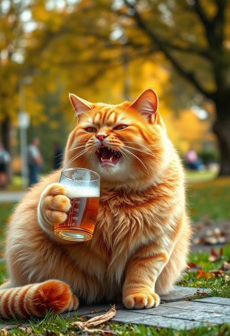 Fat chubby ginger cat drinking beer in park, dynamic angle, warm hues, realistic, photorealism, hd, 8k, high definition, BREAK, score_9, score_8_up, score_7_up, score_6_up