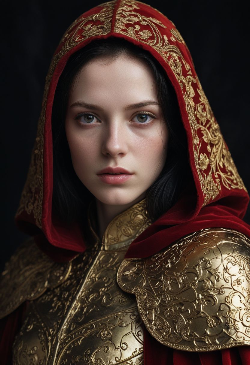 (Soft Lighting Photography by Mimoza Veliu and Mario Giacomelli:1.2), beautiful girl wearing a  medieval golden armour and a red velvet cape(woman like [Ava Lavinia Gardner:russian girl:0.6]), side soft light, Dark environment, black over black, highly detailed, detailed realistic photography, Stunning full body photo, albino hair, perfect eyes, detailed skin, (lightest freckles:0.9), standing in a casual pose, professional color grading, epiCPhoto