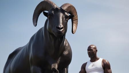 painting portrait of a young michael jordan, (standing in front of his towering goat statue:1.6), outside of the united center, smoking cigar, (holding up peace sign with hand:1.6), (full body shot:1.5), sharp focus, trending on ArtStation, lifelike, insanely detailed, masterpiece, by Greg Rutkowski, by Ross Tran, by Fenghua Zhong, octane, clear eyes, soft render, clear facial features, oil on canvas, moody lighting, cinematic, professional environment concept art