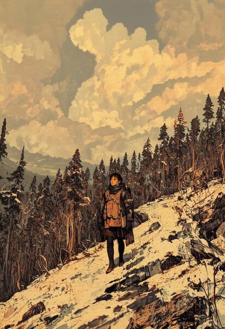 Un voyageur du XIXème siècle qui marche sur un chemin neigeux et boueux, il porte un gros sac, il fait froid, le ciel est chargé de nuages épais. La forêt est hostile, on distingue presque des petites créatures maléfiques dans le sous-bois.
