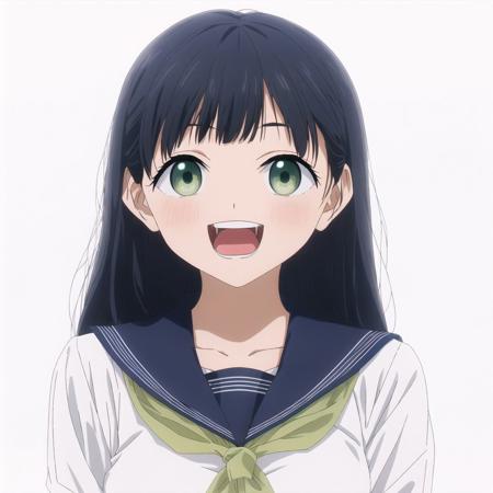 <lora:akebi:1>, akebi,  

1girl, :d, bangs, beige sweater, blue sailor collar, breasts, fang, green eyes, large breasts, looking at viewer, medium breasts, neckerchief, open mouth, sailor collar, sidelocks, skin fang, sleeves past wrists, smile, solo, thick eyebrows, white background, white neckerchief