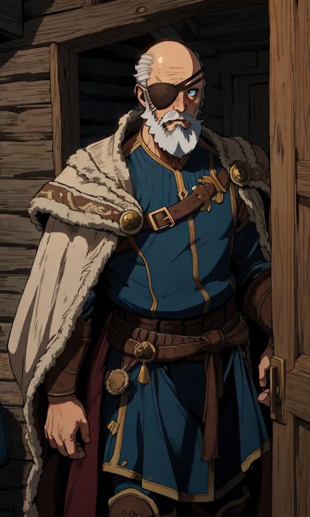  od1n, old male, white beard, bald , tunic Armor, cape, single eye patch, one blue eye, 