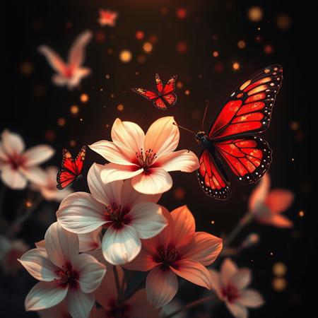 ArsMJStyle, impressionism, Ukiyo-e, A surreal and painterly composition featuring **radiant white flowers** and **dark ethereal butterflies** against a pitch-black background. The flowers exude a sense of purity and holiness. The petals are stained with crimson blood. The butterflies pulse with an otherworldly light, and their wings are traced with intricate patterns.
The atmosphere is enhanced by a dreamy **bokeh effect** that scatters soft glimmers of gold and crimson throughout the composition, creating depth and a sense of quiet wonder. The interplay of **rich white highlights and deep black shadows** evokes an enchanting, almost mystical ambiance. Subtle sparks float in the air, adding a dynamic, surreal quality to the scene.
The overall aesthetic is vivid yet balanced, emphasizing the **contrast between the glowing warmth of the flowers and harshness of the butterflies**. Rendered in **8K ultra-detail**, the textures are hyper-realistic, while the colors glow with an intense vibrancy, embodying an elegant harmony of surreal beauty and luxurious simplicity.