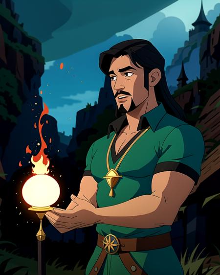 ((masterpiece), best quality, high quality, professional quality, highly detailed, highres, perfect lighting, natural lighting), (1boy, slender, handsome, goatee, medium length hair, black hair), wearing fantasy clothing, casting a spell, outdoors