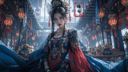 masterpiece, best quality, 8k, insane details, intricate details, hyperdetailed, hyper quality, high detail, ultra detailed, Masterpiece,
solo focus, 1girlsololooking at viewerred lipsclosed mouthmedium breasts Milky skin, (shiny skin:1.3)(upper body:1.0),
(blue chinese clothes:1.1), (blue dress:1.2)clothing cutoutlong sleeves(tassel earringshair ornamentnecklace:1.2), updohair bunbare shoulders, detached sleeves,
architecture, indoorseast asian architecturepetals, falling petals, lantern, <lora:updo_20230903192906:0.9>