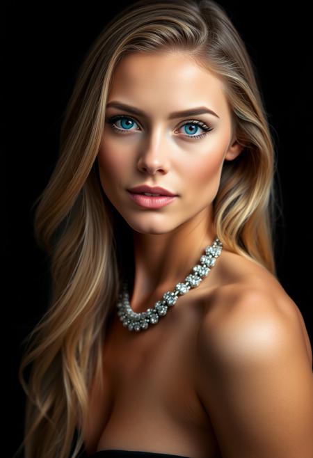 A highly detailed studio glamour headshot portrait of a gorgeous female California model with long blonde hair, wearing a diamond necklace, beautiful blue eyes, tan skin, against a black background. Clam shell lighting with a blue hair light.
