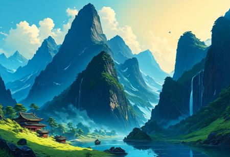 Game art, landscape of a Gosaikunda, quality, intricate, epic, fine artistic composition, detailed, inspired, set logical ambient background, dynamic cinematic color, beautiful, extremely rich detail