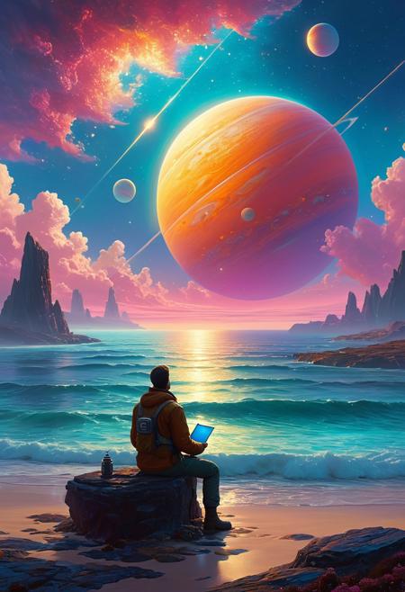 A painter sits by a quiet ocean on a distant world, brush in hand, capturing a massive planet that hangs low on the horizon — his canvas glowing faintly, as if the art itself holds celestial energy., romantic realism, cinematic sci-fi fantasy, flowing fabrics, atmospheric light, ethereal landscapes, glowing celestial color palette, mythic futurism, serene emotion, soft brushwork, vivid sky gradients, contemplative figures, imaginative architecture, floating worlds, timeless beauty, cosmic light, dreamlike scenery, narrative depth, luminous serenity