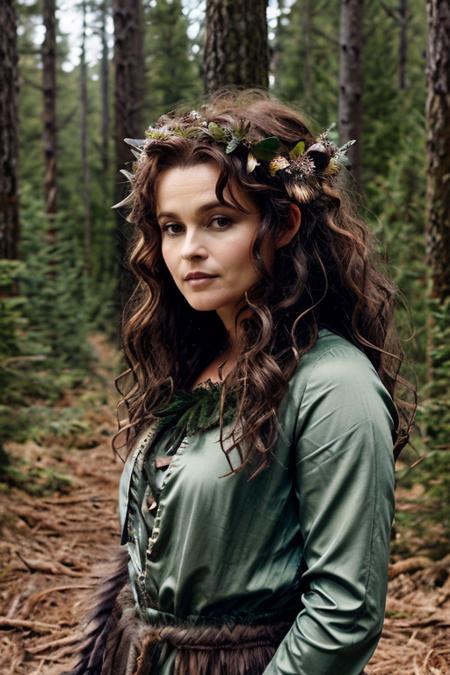<lora:Helena_Bonham_Carter:1> 1woman, solo, mature hb1873c, , brown_hair, wavy hair, messy hair, forest fairy costume ,  glacier , dusk