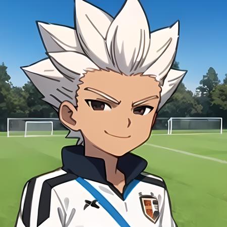 best quality,masterpiece,8k quality,best pixels,<lora:Axel Blaze:0.7>,1boy,mature_man,Axel Blaze,(white hair),soccer field,facing the viewer,standing,holding a soccer ball,smiling