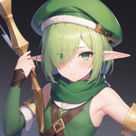 (masterpiece, best quality:1.2),illustration,8k,hd,1girl,upper body,(portrait:1.2),green scarf,pointy ears,elf,hat feather,two-tone shirt,torn scarf,green shirt,detached sleeves,shirt,scarf,solo,holding,hair over one eye,green eyes,white shirt,hat,sleeveless shirt,green sleeves,short hair,green headwear,bow \(weapon\),sleeveless,holding bow \(weapon\),shorts,beret,green hair,thighhighs,weapon,armpits,holding weapon,green thighhighs,striped thighhighs,looking at viewer,vertical-striped thighhighs,arrow \(projectile\),green shorts,small breasts,quiver,feathers,<lora:Futaba Aoi-V1>