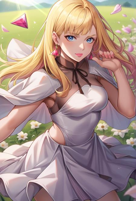 blonde hair, long hair, blue eyes earrings, triangle earrings, jewelry, white dress, white capelet, white skirt, medium skirt, ribbon, wide hips, medium breasts, high heels, no socks, pink lips, nail polish, pink nails