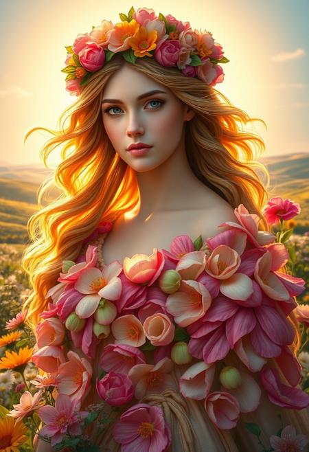 Masterpiece. A close-up portrait of the goddess Flora, the Roman deity of flowers, spring, and renewal. She is depicted as a graceful figure with flowing hair adorned with a crown of vibrant blossoms. Her attire is a flowing, ethereal dress made of petals in shades of pink, green, and gold, symbolizing the abundance of nature. Surround her with a lush garden filled with colorful flowers in full bloom and a soft golden light that enhances the scene's magical and serene atmosphere. The background should include rolling meadows and a clear blue sky. beautiful woman, inspiring, flower, high-res, semi realistic, best quality, intricate details, ultra details, good lighting, vibrant colors, very detailed, octane render, ray tracing