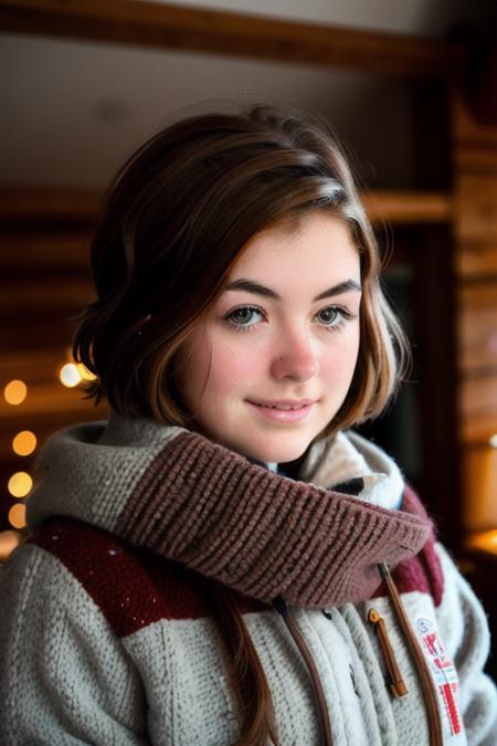 a beautiful young woman <lora:ariaSki:1> snuggling inside on a cold day at the ski lodge, RAW, UHD, 8K, short brown hair, perfect face, highly detailed face, upper body, close up, candid, amateur, adorable smile