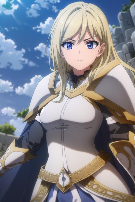 femaleknight, <lora:femaleknight-lora-nochekaiser:1>, 
female knight, long hair, blue eyes, blonde hair,
BREAK weapon, sword, cape, armor, shoulder armor, gauntlets, pauldrons, breastplate, knight,
BREAK outdoors, forest, grass, nature, sky, cloud, sun,
BREAK looking at viewer, (cowboy shot:1.5),
BREAK <lyco:GoodHands-beta2:1>, (masterpiece:1.2), best quality, high resolution, unity 8k wallpaper, (illustration:0.8), (beautiful detailed eyes:1.6), extremely detailed face, perfect lighting, extremely detailed CG, (perfect hands, perfect anatomy),