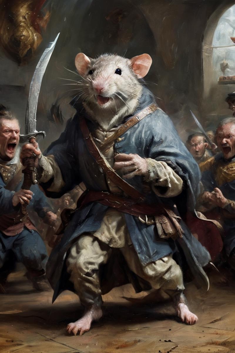 A painting of a man holding a sword and a rat in a blue suit.