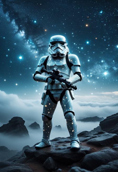 score_9, score_8_up, score_7_up, ultra details, high details, absurdres, masterpiece, best quality, 2k, 4k, very aesthetic, A high fantasy 50mm anime_style upper-body shot of Stormtrooper from Star Wars, set in A desolate alien planet with strange, twisted landscapes, a dynamic jumping pose and an depressed expression. The scene is illuminated by Ghostly fog illumination, enhancing the adorable atmosphere. Eerie glowing symbols pulsing faintly on ancient stone. The details are ultra-HD, with stunning textures, lifelike depth, and 8k quality. Every element is meticulously crafted, captures the essence of the motif in breathtaking resolution. (starry_morph:1.2), <lora:Starry_Morph_PonyXL:1.1>, <lora:add-detail-xl:1>, <lora:JuggerCineXL2:1>,