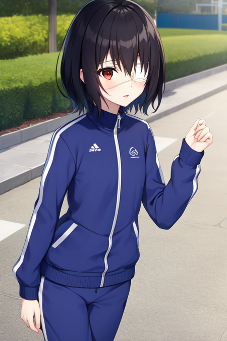 misakimei, eyepatch, 1girl, solo, track suit, track jacket