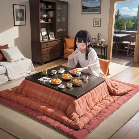 best quality, ultra-detailed, illustration,
kotatsu, food, fruit, mandarin orange, cup, scenery, indoors, orange (fruit), bowl, teapot, realistic, 
 <lora:JAPAN_Scenery_kotatsu_SD15_V3:0.6>