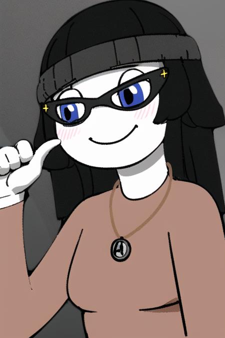 <lora:SoytanV1:0.8> soytan, black hair, necklace, medium length hair, head bend, glasses, pale skin, blue eyes, anime style, upper body, smile, (closed mouth)