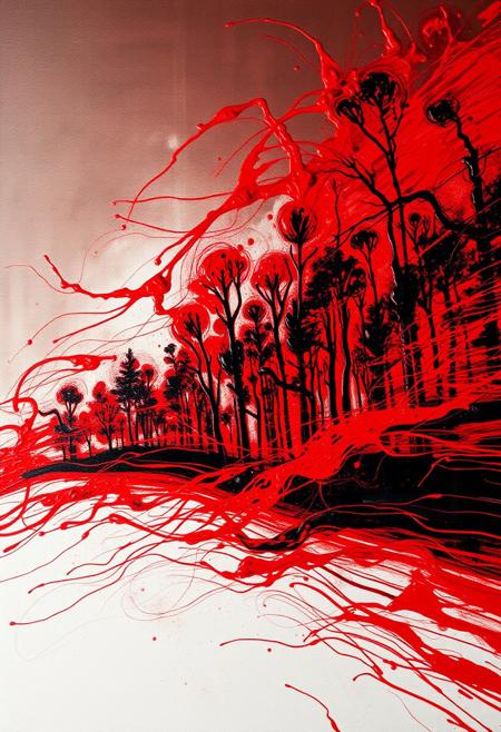 A hyper-stylistic, extremely detailed image depicts a breathtaking painting, crafted from a combination of smeared red and black metallic paint. A burning forest at night is captured in a streaked motion, as if it is moving rapidly in one direction. The red paint is applied in bold, dynamic strokes, creating a sense of energy and movement that is contrasted beautifully by the black accents. The black paint is used to highlight the forest's features, adding a sense of depth and dimensionality to the image. The overall effect is one of breathtaking, surreal dynamism, as if the viewer has captured a fleeting moment in time. Every detail of the image is meticulously crafted, from the delicate, swirling patterns of the red paint to the intricate, textured patterns of the black paint. The contrasts between light and dark, color and texture, create a sense of tension and energy that draws the viewer in, inviting them to explore the kinetic world of the painting. highest-Quality, intricate details, visually stunning, Masterpiece