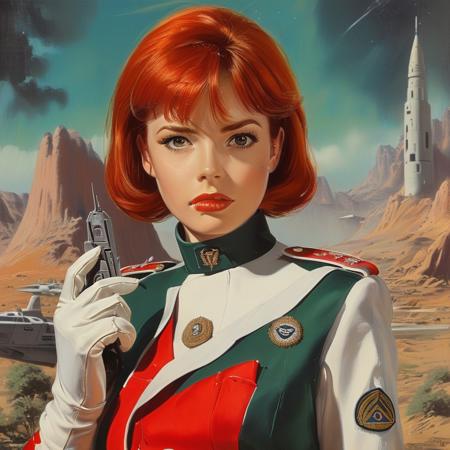 score_9, score_8_up, score_7_up, style of Gerry Anderson, solo, 1girl, red hair, short hair, white gloves, adjusting gloves, military uniform, red uniform, military background, standing, looking at viewer, detailed, masterpiece,