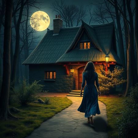 A highly detailed photograph of a medieval witches cottage, illuminated by a full moon, the cottage stands in woodlands, a narrow dusty path leads to the cottage door, a dark haired woman in a blue dress makes her way along the path towards the door. Medieval fantasy setting, medieval fantasy world. fantasy character, RPG, DnD, trees, bushes