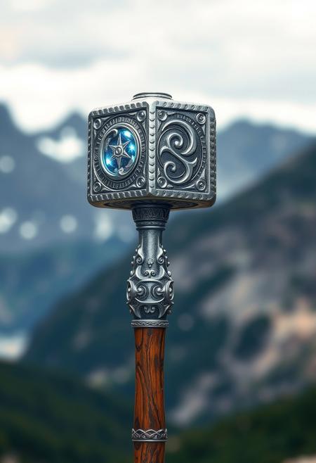A fabulous Dwarven war hammer, bluish highlights sparking within its silver head, with arcane dwarven symbols etched into its side. It has a long highly polished oak haft with an intricate silver pommel, the rich grain showing through and elaborate scrollwork along its length. mountain panorama background, bokeh background