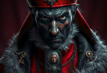 A , highly detailed portrait of a priest in a dark red and black robe, with white fur trim and dark skin, exuding doubt and exasperation. A Catholicpunk influence is evident, with a mitre and ornate denning. The richly defined face and collar, along with the photo of Sephiroth, add intrigue. The image is 4K, high-resolution, with sharp focus, vivid colors, and cinematic lighting. Trending on CGSociety, Artstation, and Behance, this artwork showcases exceptional quality, precise detail, and a powerful message. The priest's doubtful expression and the image of Sephiroth create a captivating and thought-provoking contrast.
