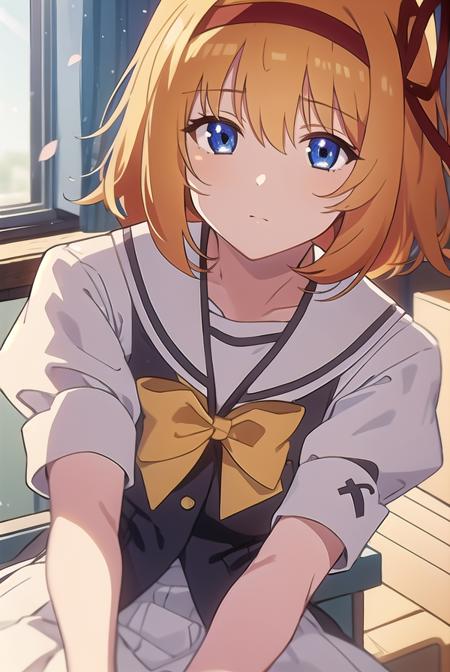 kaedefuyou, <lora:kaedefuyoutest:1>,
kaede fuyou, short hair, orange hair, hair ribbon, hairband, blue eyes,
BREAK skirt, bow, ribbon, school uniform, short sleeves, pleated skirt, serafuku, socks, puffy sleeves, bowtie, puffy short sleeves, black socks, yellow bow, yellow bowtie,
BREAK looking at viewer,
BREAK indoors, classroom, 
BREAK <lora:GoodHands-vanilla:1>, (masterpiece:1.2), best quality, high resolution, unity 8k wallpaper, (illustration:0.8), (beautiful detailed eyes:1.6), extremely detailed face, perfect lighting, extremely detailed CG, (perfect hands, perfect anatomy),