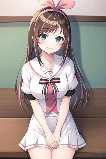 kizuna ai, 1girl, solo, seifuku, looking at viewer, smile, (waifu, anime, exceptional, best aesthetic, new, newest, best quality, masterpiece, extremely detailed:1.2),