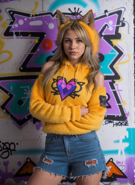 Urban fantasy shoot, confident, making eye contact with the camera, full lips, ((standing in front of a graffiti-covered wall, pullover, stunning young woman, petite, in a sleek wolf costume with furry ears and a fluffy tail, long hair, orange color)), exquisite facial structure, highly detailed, blonde hair, smooth pale skin, confident smile, vibrant street art, midday sun, beaded bracelet <lora:colorify:1>, <lora:add_detail:-1>, <lora:SillentHillStyle:1>