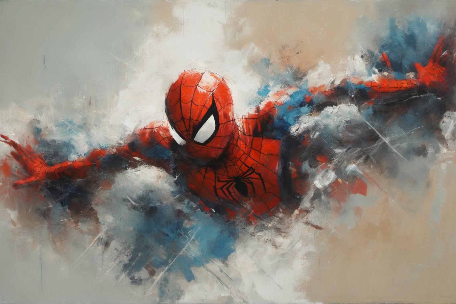 Spiderman Flying through the Air in a Painting with Blue and White Background