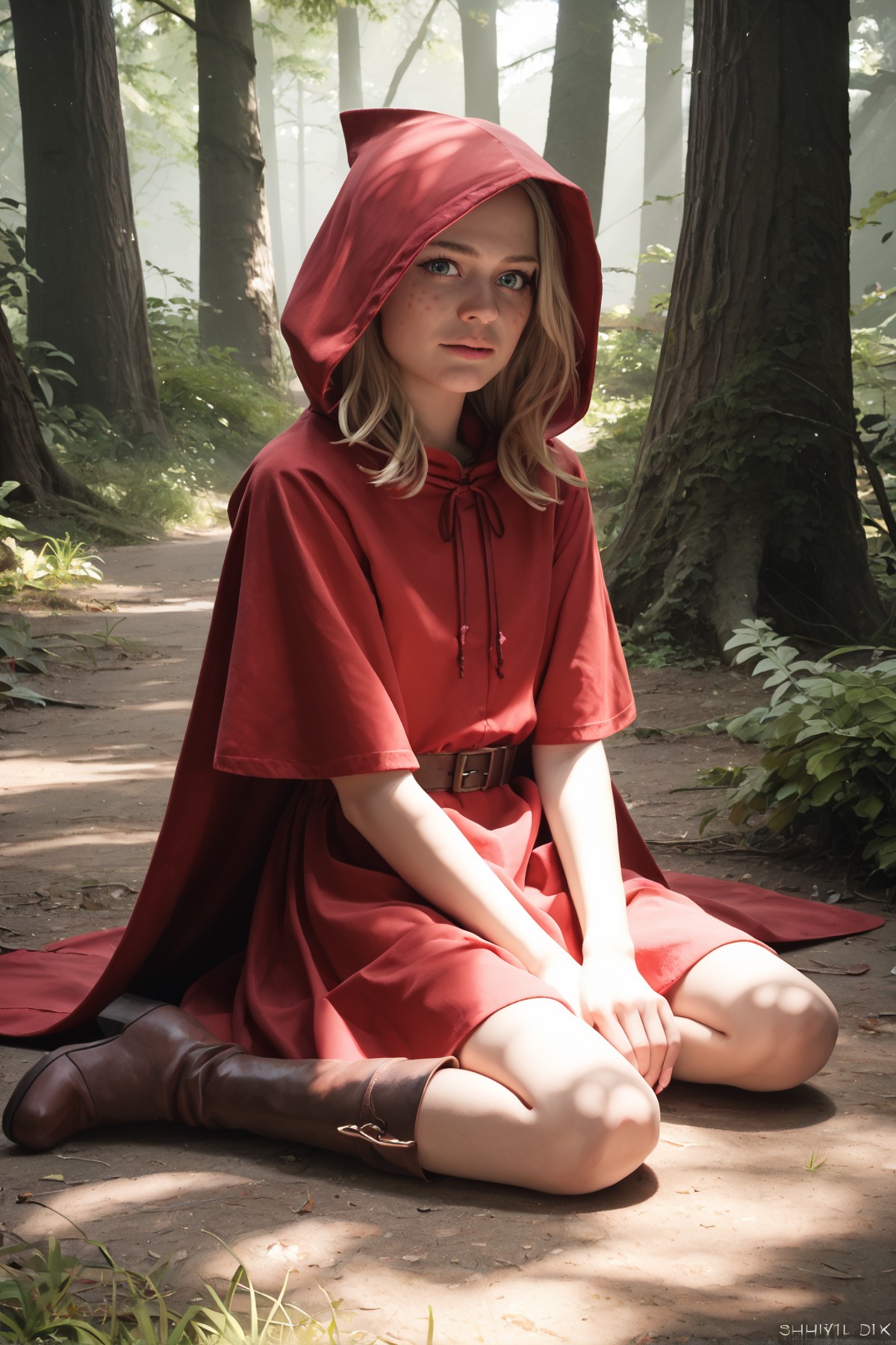 zPDXL, zPDXLpg, dappled sunlight, realistic photograph of little red riding hood in a dark forest sitting on the ground, w...