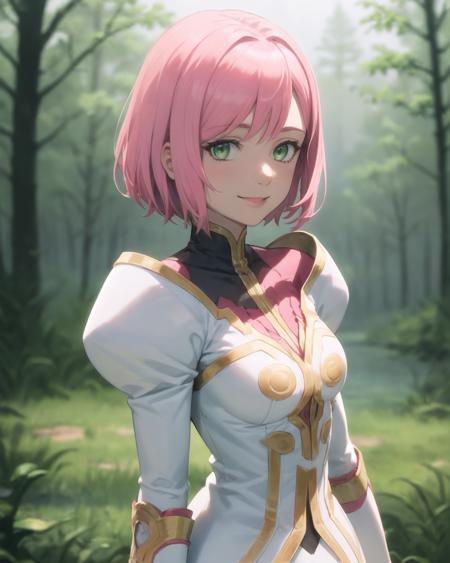 best quality, (masterpiece:1.2), illustration, absurdres,
(1girl, solo), (beautiful detailed girl),
<lora:Estellise-08:1>, Estellise Sidos Heurassein, pink hair, short hair, green eyes, small breasts,
white and pink dress, ornate dress, white boots, white gloves, pink skirt, (black pantyhose, black legwear:1.1),
(upper body, portrait),,
swamp, trees, plants, fog, mist,,
smile, looking at viewer,