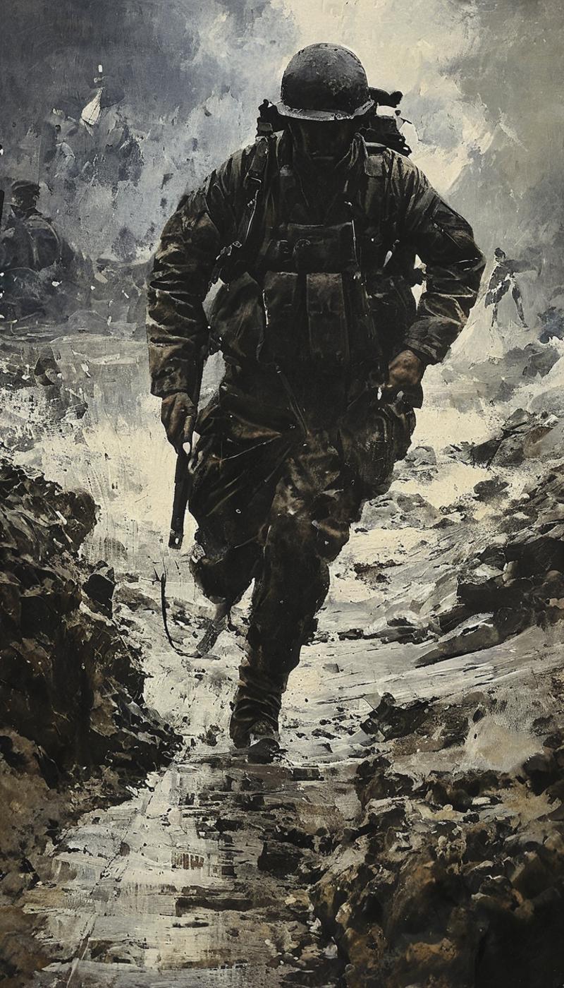 A soldier running through the snow with a rifle.