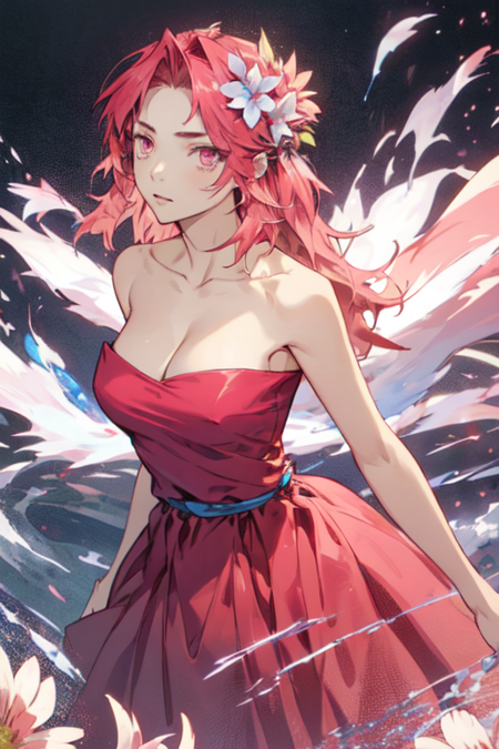 Dowon, 1girl, solo, long hair, hair ornament, strapless, red dress, cleavage, bare shoulders, medium breasts, collarbone, pink hair, hair flower, pink eyes, bare arms, 