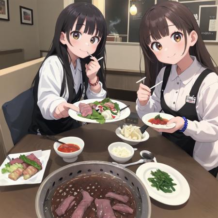 masterpiece, best quality, ultra-detailed, illustration,
(smokeless_roaster:1.4), grill, yakiniku, japan, food, cup, multiple girls, 2girls, jewelry, meat, salad, holding, bracelet, black hair, holding cup, eating, plate, alcohol, bowl, restaurant, drinking glass, shirt, indoors, chopsticks, mug, beer, smile, looking at viewer, rice, table, long hair, blurry, beer mug, sitting
 <lora:smokelessroaster_V21:1>