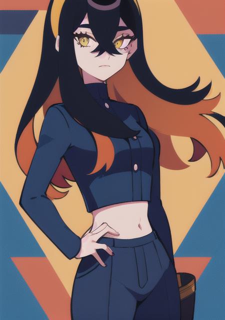 carmine 1girl, solo, long hair, looking at viewer, bangs, black hair, long sleeves, hair between eyes, yellow eyes, red hair, multicolored hair, hairband, sky, midriff, pants, cloud, orange hair, mole, two-tone hair, crop top, hand on hip, mole under eye, colored inner hair