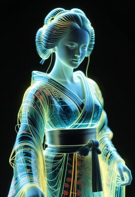 <lora:World_of_Glass_Filament:0.6> made of, tiny neon (glass:1.1) filaments, w0gf1l, Android, geisha, with robotic parts, in flowery kimono, Intricate details, 8 k, cinematic <lora:sss:0.8> subsurface scattering, sss <lora:envyStarlight_v10:0.8>