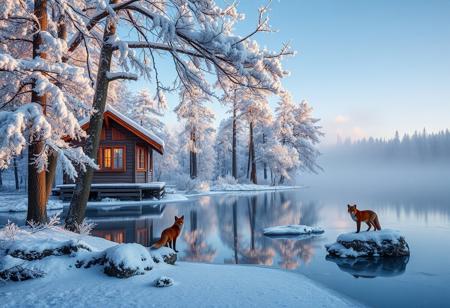 Frozen lake's glassy surface mirrors the frosty trees' delicate rime ice, their branches sparkling like diamonds in soft morning light. Snow-encrusted pines stretch towards the pale blue sky, their limbs etched in crystalline clarity. The wooden cabin's windows warm against the cold, while mist rising from the lake creates an otherworldly haze. A single red fox stands at the edge of the ice, its fur a vivid contrast to the frosty surroundings. Snow-crystals glisten like microscopic jewels on tree branches and surrounding rocks. Hyper-realistic lighting captures the serene atmosphere, inviting exploration of this peaceful winter wonderland.