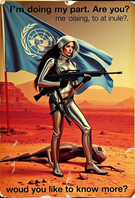 a torn and tatty recruitment photograph for the space navy. a photograph of  beautiful woman in a mirrored skin-tight jumpsuit and glass goldfish helmet is cradle carrying a high-tech rifle . The UN flag waves behind her over a desolate burnt wasteland. a dead e.t. lies at her feet, she has one foot on the body. The text at the top reads "I'm doing my part. Are you?". At the bottom it reads "would you like to know more?"